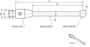 Picture of Stylus M3 silicon nitride ball Ø3,0mm
carbide stem Ø2,0mm, base stainless steel Ø4,0mm L 30,0mm, ML 22,5mm